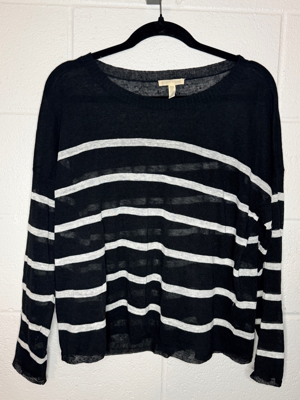 Eileen Fisher Organic Linen Blend Sweater Black White Stripe size Medium